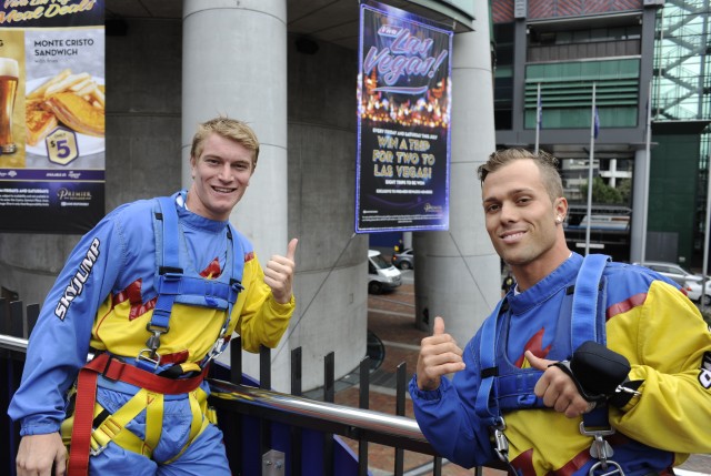 American BMX stars Connor Fields (left) and Barry Nobles after completing the 192m SkyJump in Auckland today as they prepare for next week’s UCI BMX World Championships.