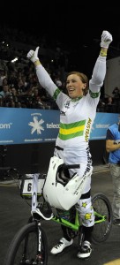 Womens elite gold medalist Caroline Buchanan waves to the crowd following her win in the final at the ICU BMX World Championships at Vector Arena, Auckland, Sunday July 28, 2013. (Picture Ross Land)